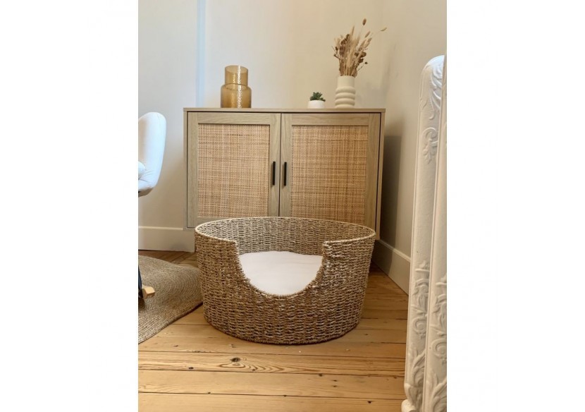 Panier rond ATHENA pour chien et chat en jonc de mer coussin écru