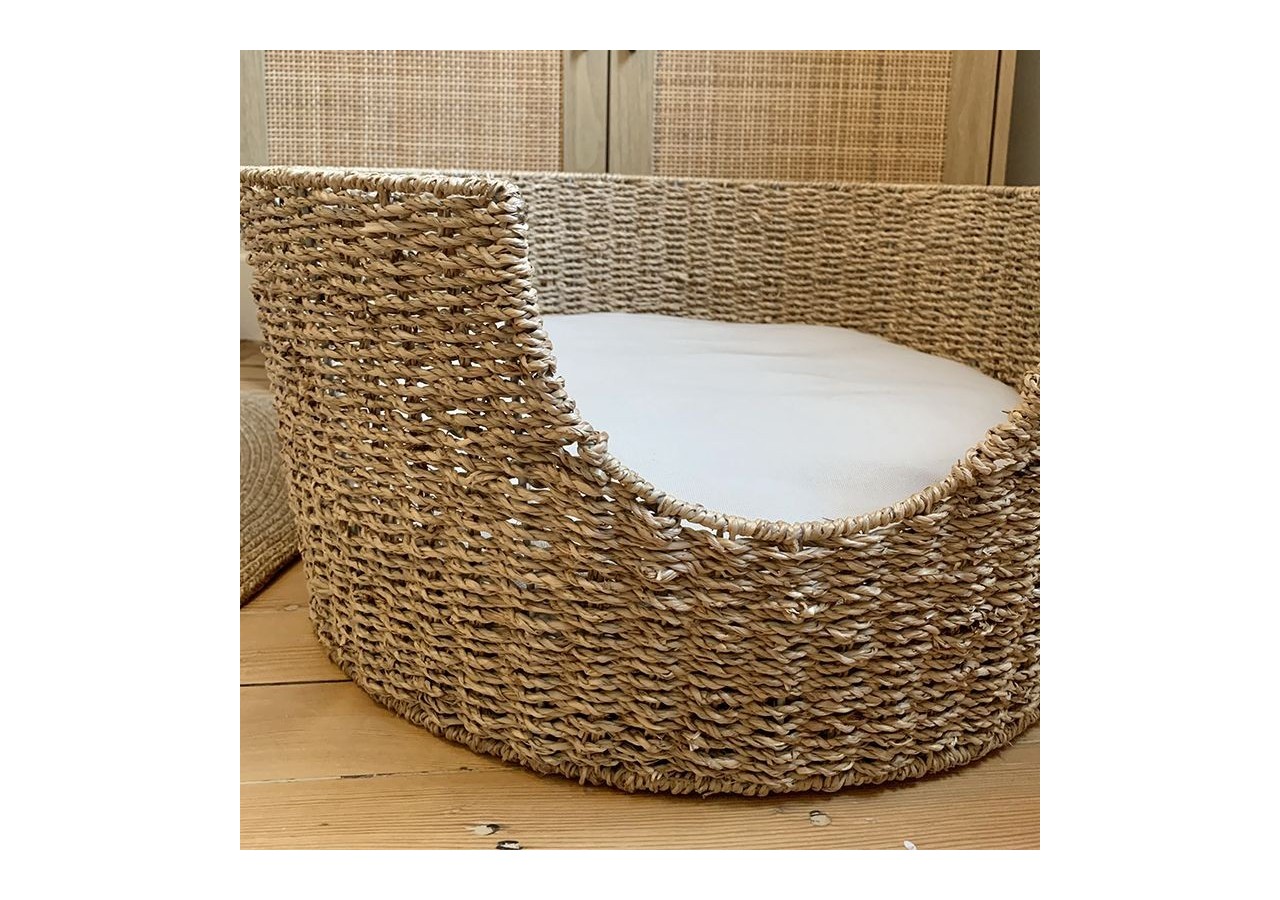 Panier rond ATHENA pour chien et chat en jonc de mer coussin écru