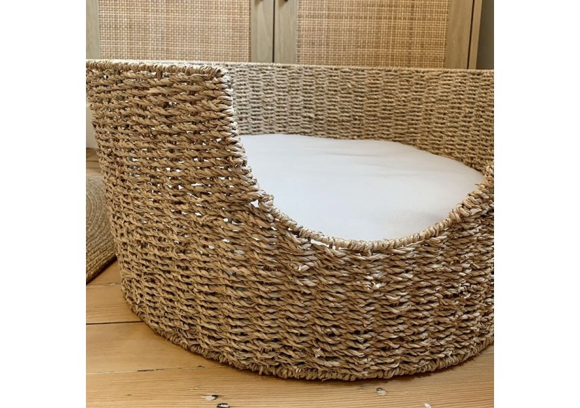 Panier rond ATHENA pour chien et chat en jonc de mer coussin écru