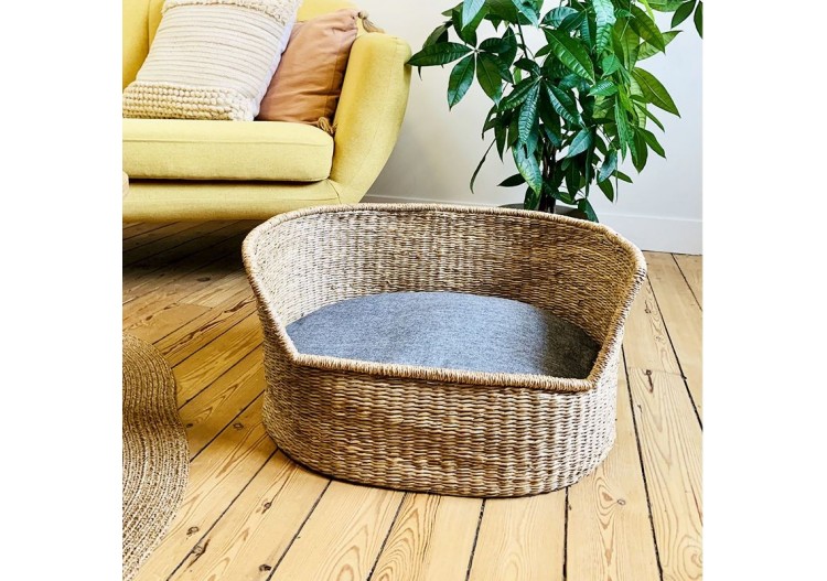 Panier ovale ATLAS pour chien et chat en jonc de mer coussin gris 2