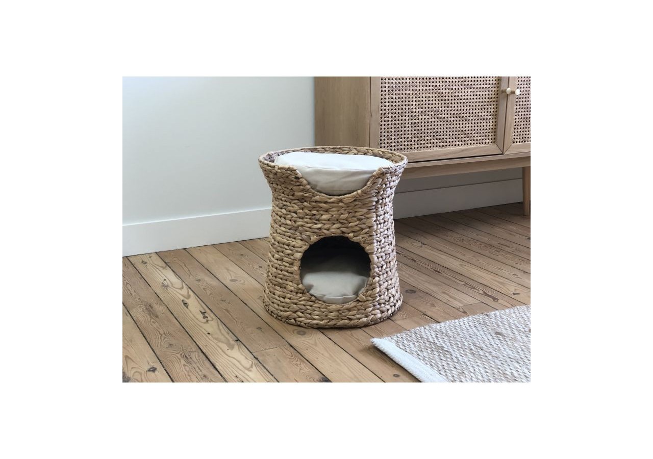 Panier rond CRONOS pour chat en jonc de mer coussins écru