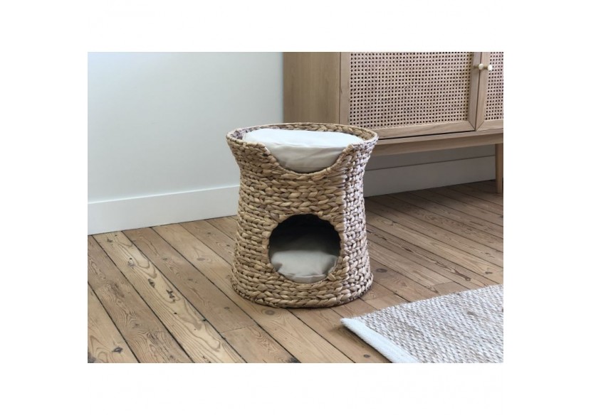 Panier rond CRONOS pour chat en jonc de mer coussins écru