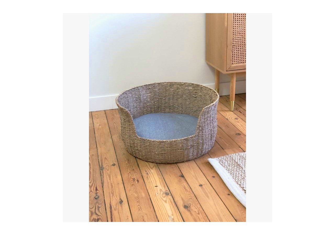 Panier rond EOS pour chien et chat en jonc de mer coussin gris
