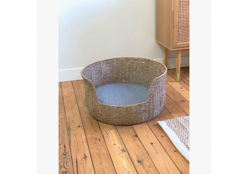 Panier rond EOS pour chien et chat en jonc de mer coussin gris