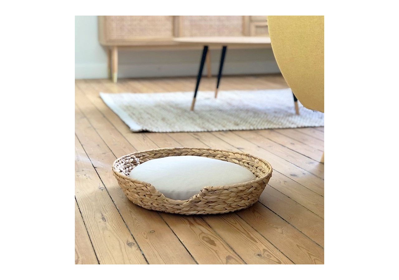 Panier rond HERA pour chien et chat en jacinthe d'eau coussin écru