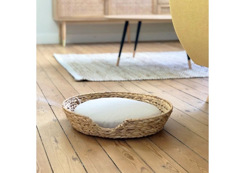 Panier rond HERA pour chien et chat en jacinthe d'eau coussin écru