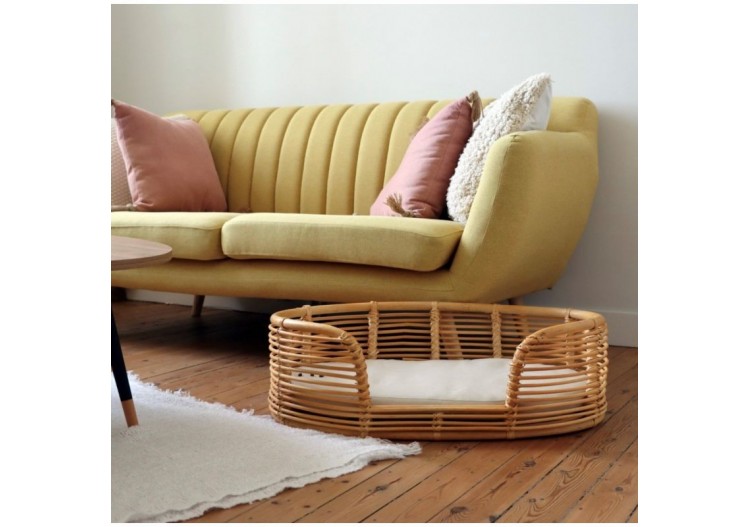 Panier ovale HEBE pour chien et chat en rotin coussin écru 2