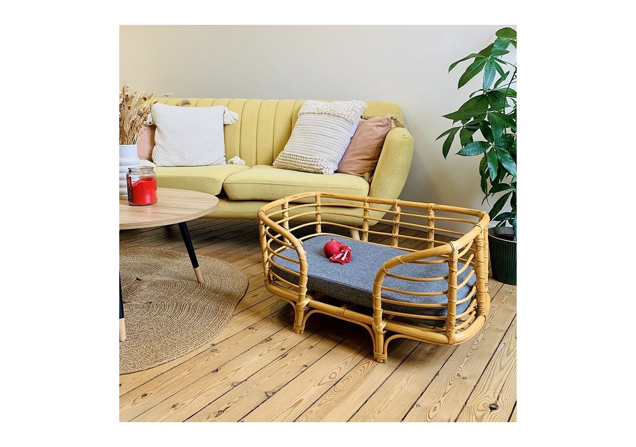 Panier rectangulaire SELENE pour chien et chat en rotin coussin coloris gris