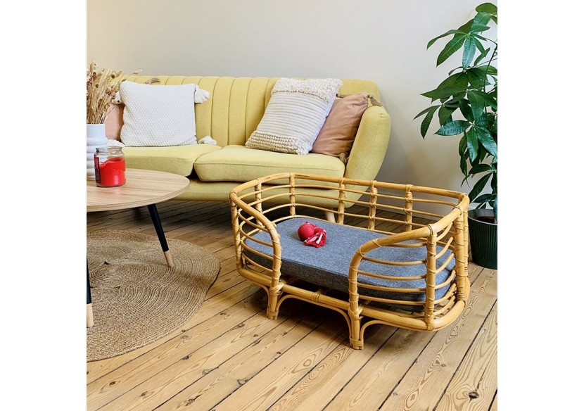 Panier rectangulaire SELENE pour chien et chat en rotin coussin coloris gris