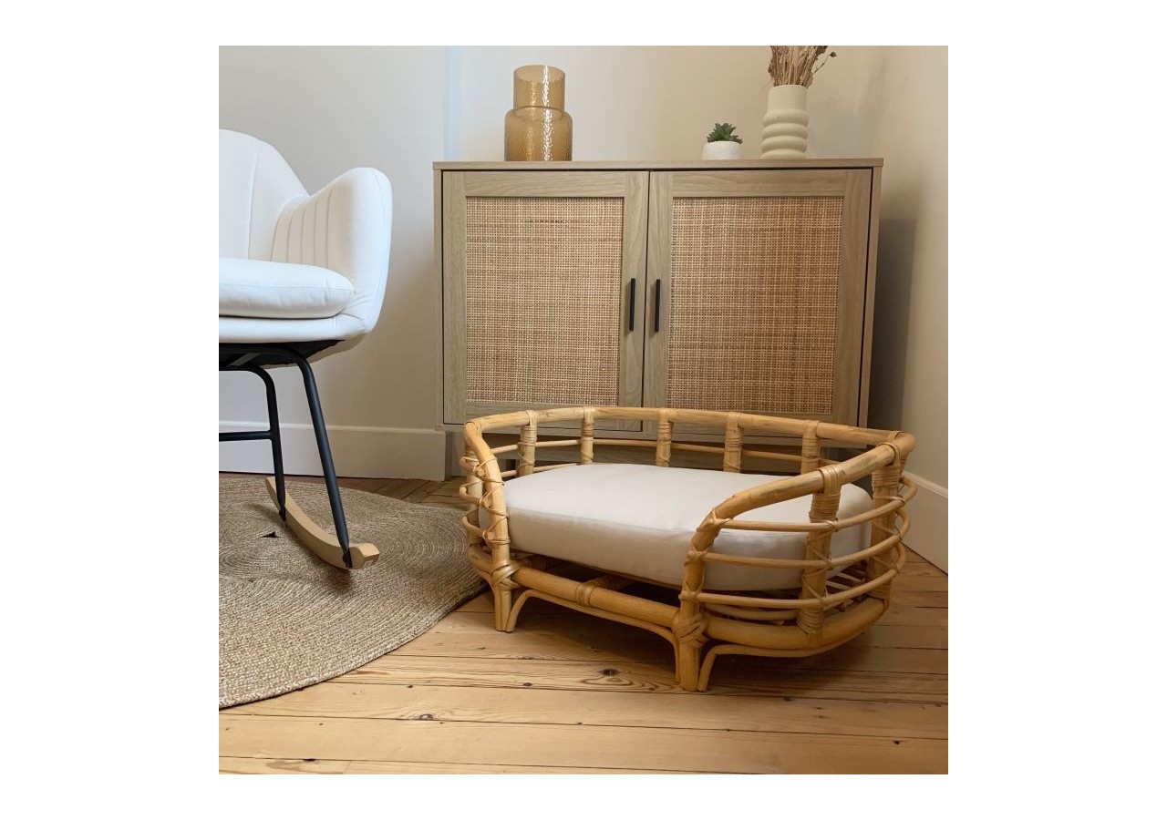 Panier ovale THEMIS pour chien et chat en rotin coussin écru