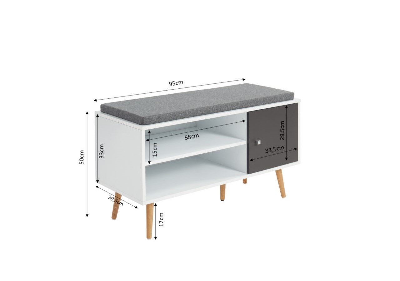 Banc à chaussures ADELE gris anthracite et blanc 95cm