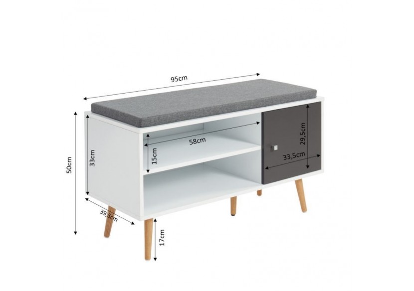 Banc à chaussures ADELE gris anthracite et blanc 95cm
