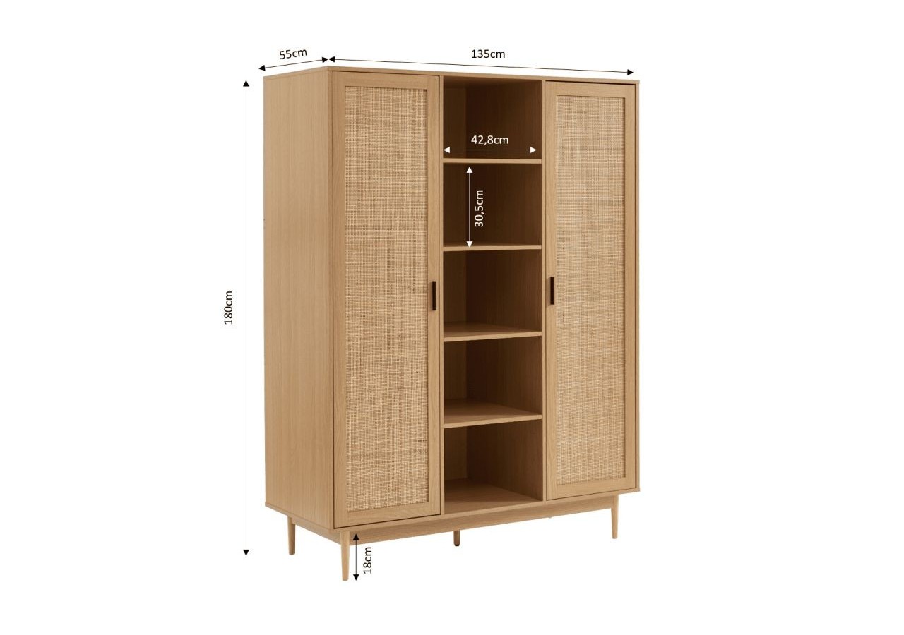 Armoire AMANA effet chêne et cannage rotin 2 portes h180 cm