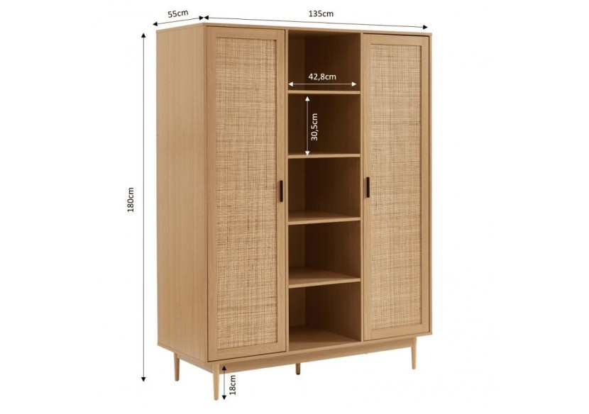 Armoire AMANA effet chêne et cannage rotin 2 portes h180 cm