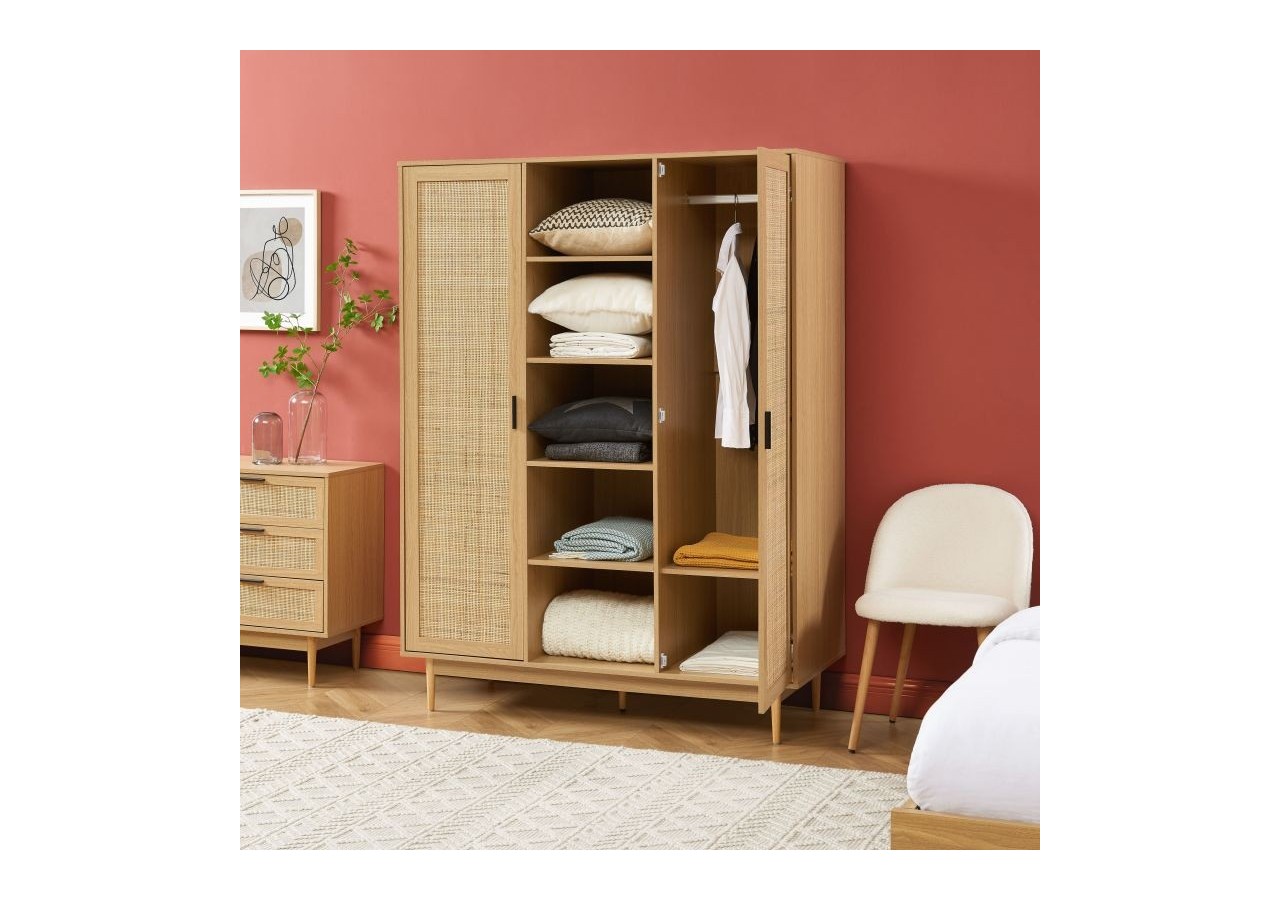 Armoire AMANA effet chêne et cannage rotin 2 portes h180 cm
