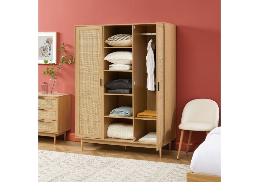 Armoire AMANA effet chêne et cannage rotin 2 portes h180 cm