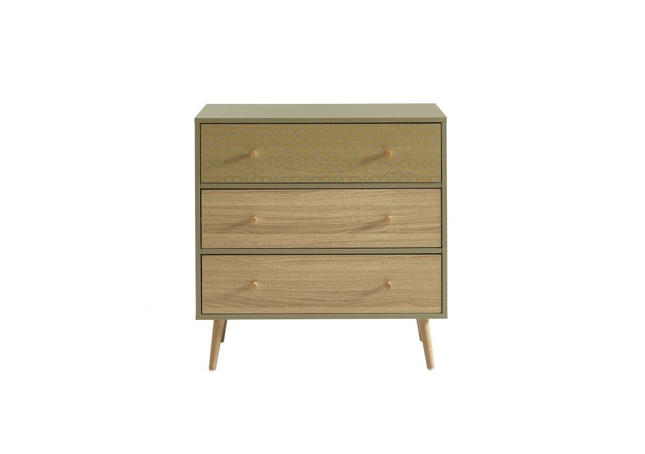 Commode CAPUCINE vert olive et effet chêne 3 tiroirs 78cm