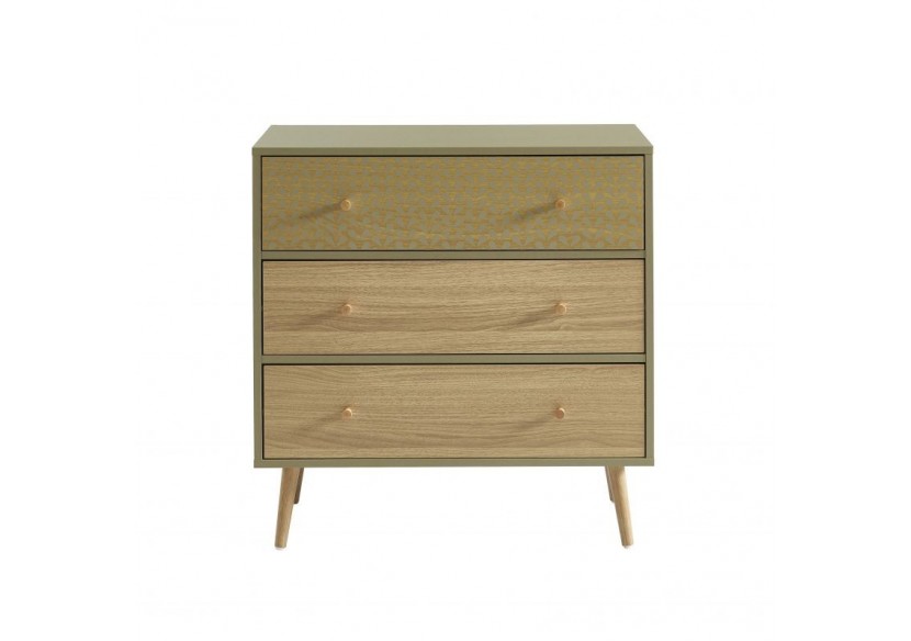 Commode CAPUCINE vert olive et effet chêne 3 tiroirs 78cm