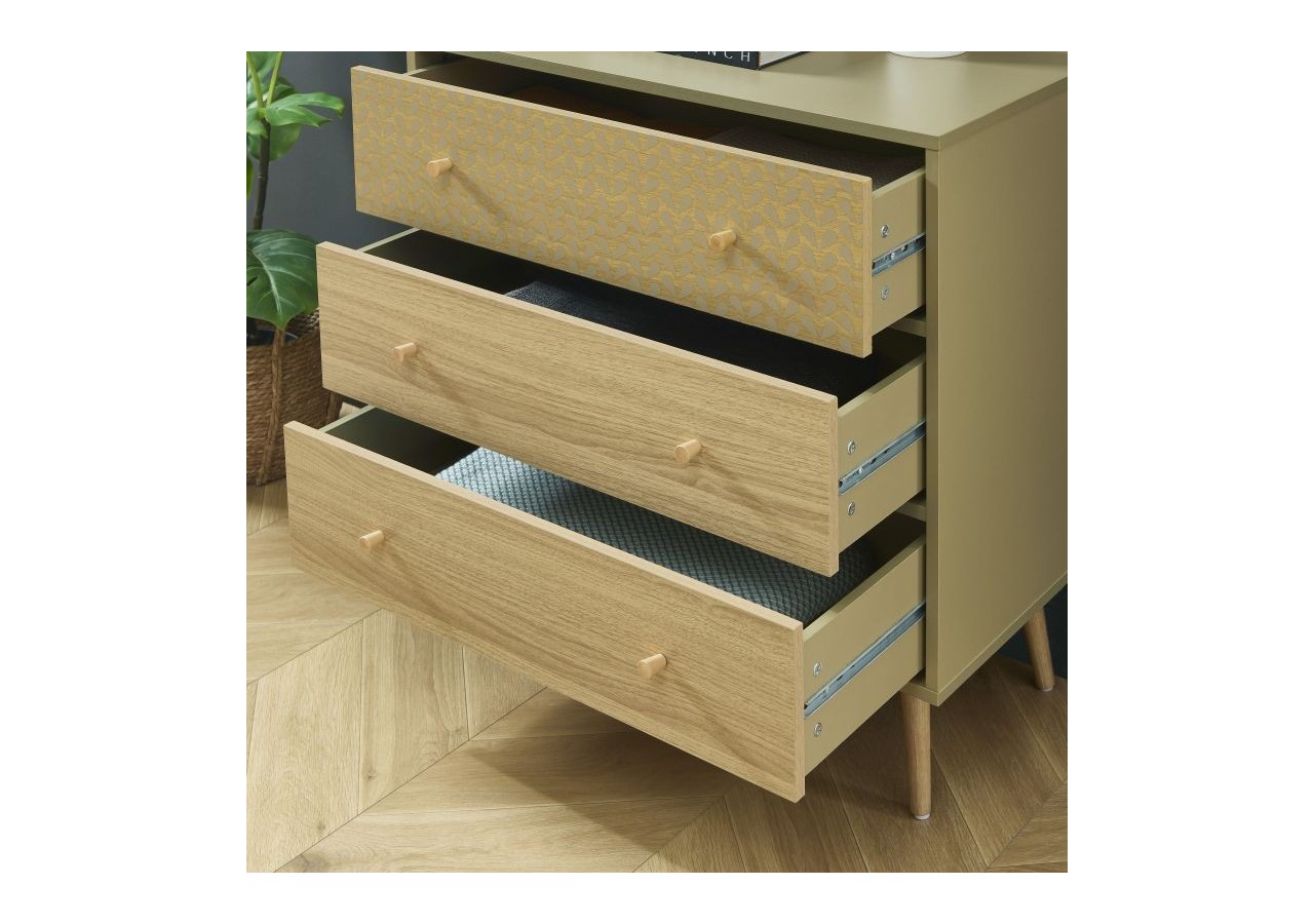 Commode CAPUCINE vert olive et effet chêne 3 tiroirs 78cm