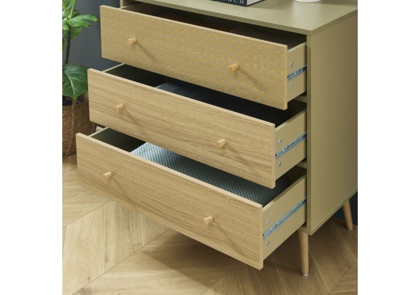 Commode CAPUCINE vert olive et effet chêne 3 tiroirs 78cm