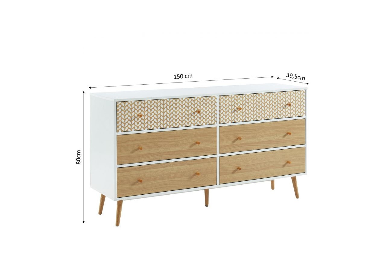 Commode CAPUCINE blanc et effet chêne 6 tiroirs 150cm