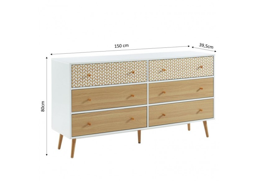 Commode CAPUCINE blanc et effet chêne 6 tiroirs 150cm