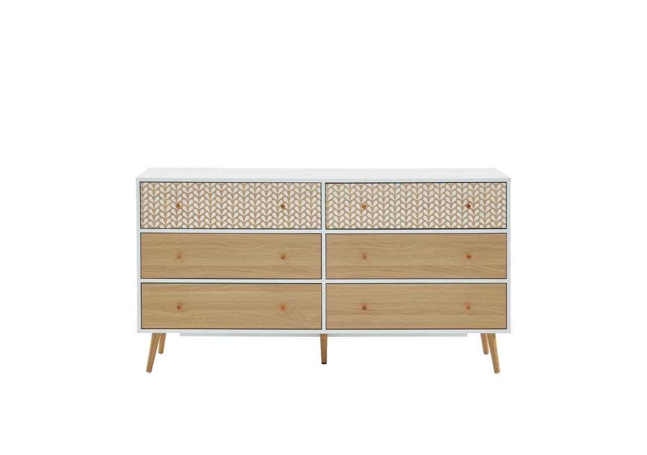 Commode CAPUCINE blanc et effet chêne 6 tiroirs 150cm