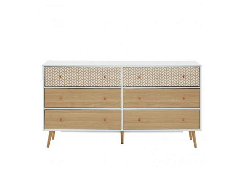 Commode CAPUCINE blanc et effet chêne 6 tiroirs 150cm