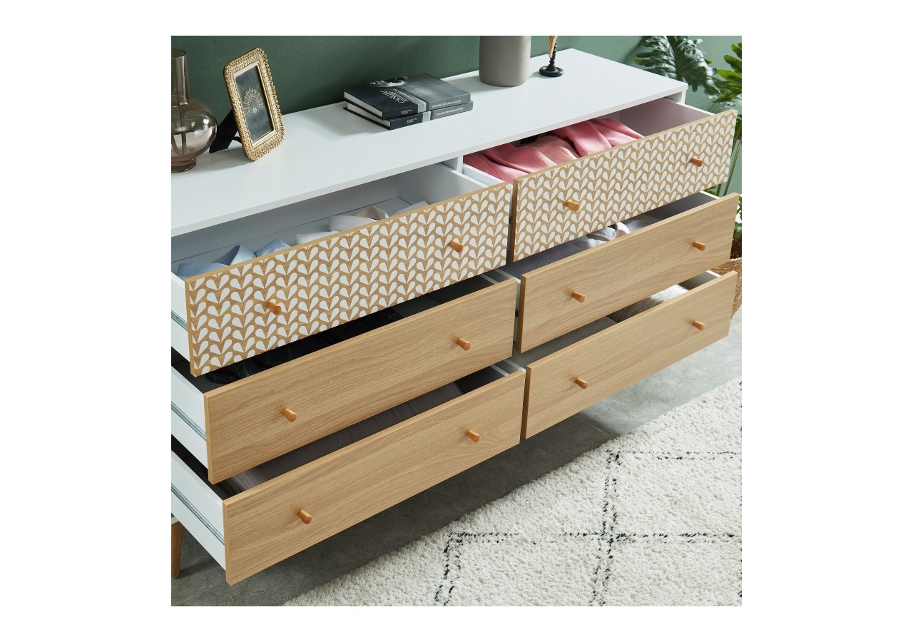 Commode CAPUCINE blanc et effet chêne 6 tiroirs 150cm