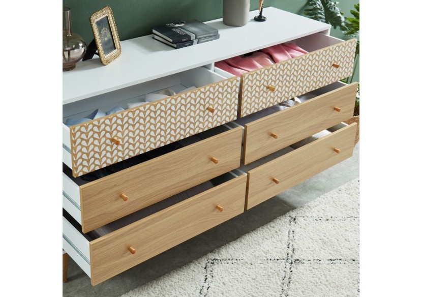 Commode CAPUCINE blanc et effet chêne 6 tiroirs 150cm