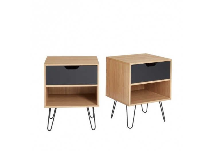 Lot de 2 tables de chevet DUO noir et effet chêne 1 tiroir 40cm