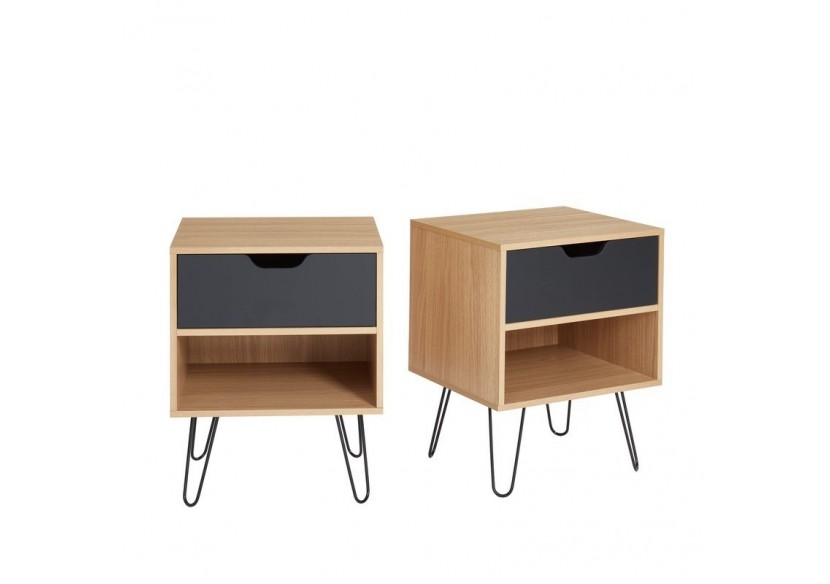 Lot de 2 tables de chevet DUO noir et effet chêne 1 tiroir 40cm