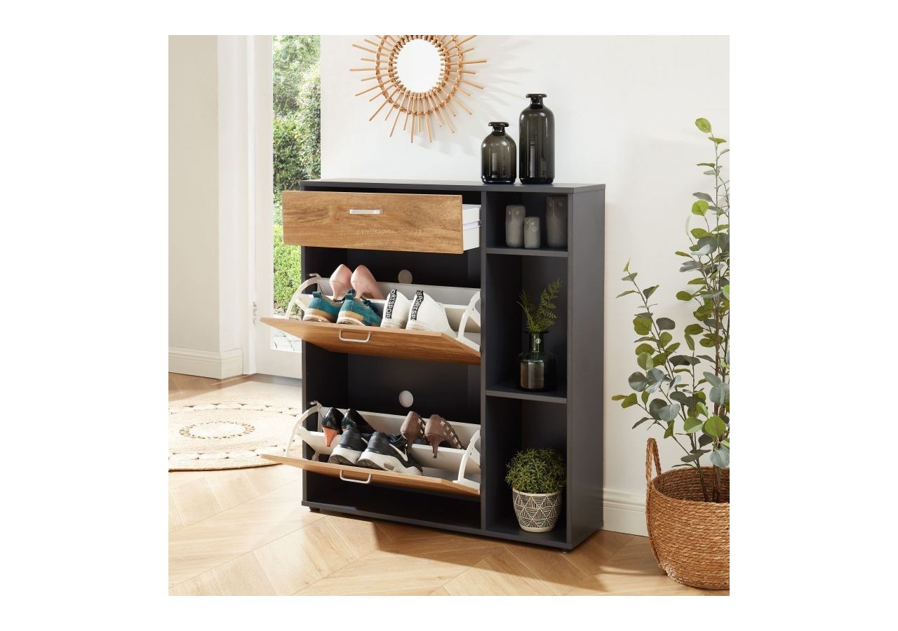 Meuble à chaussures LAZARE gris et effet bois 3 portes 90cm