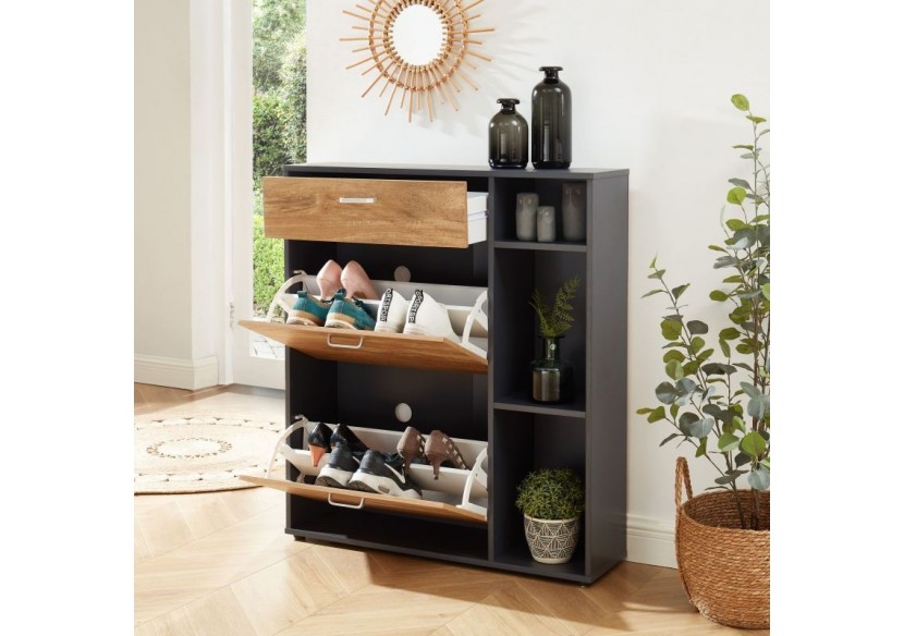 Meuble à chaussures LAZARE gris et effet bois 3 portes 90cm