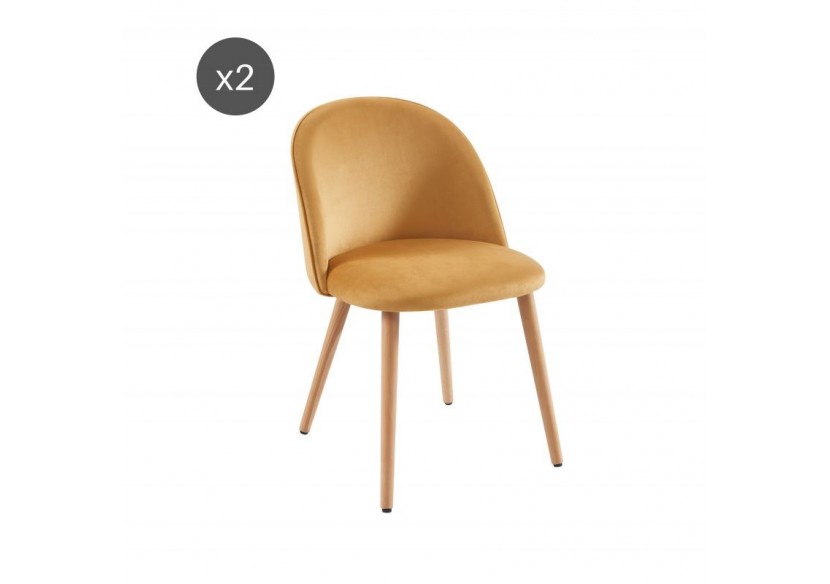Lot de 2 chaises MACARON velours jaune ocre pieds hêtre massif