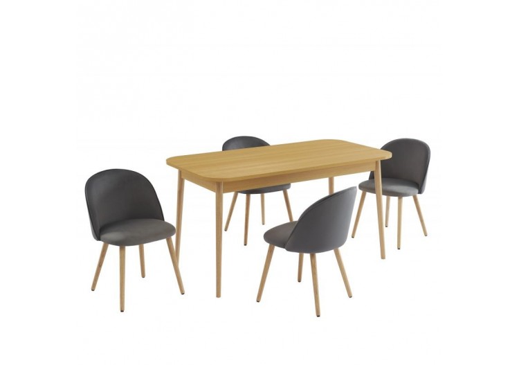Ensemble repas MACARON effet chêne et velours gris 4 chaises
