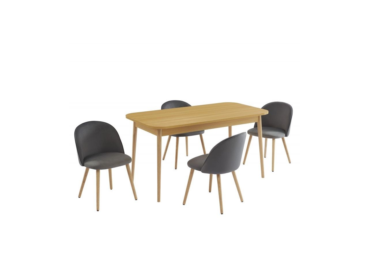 Ensemble repas MACARON effet chêne et velours gris 4 chaises