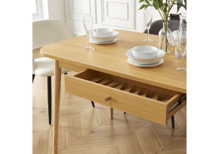 Table à manger MACARON effet chêne avec tiroir