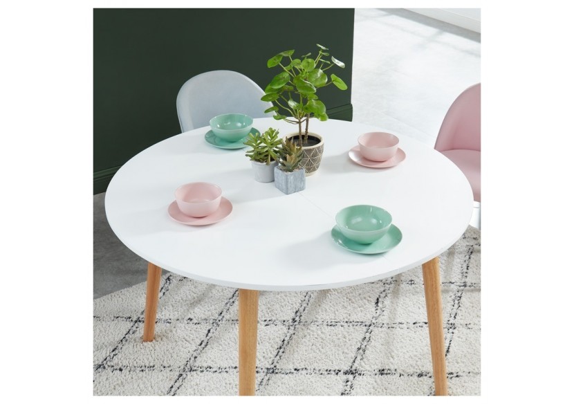 Table extensible ORACLE laqué blanc mat pieds en bois massif 120-160cm