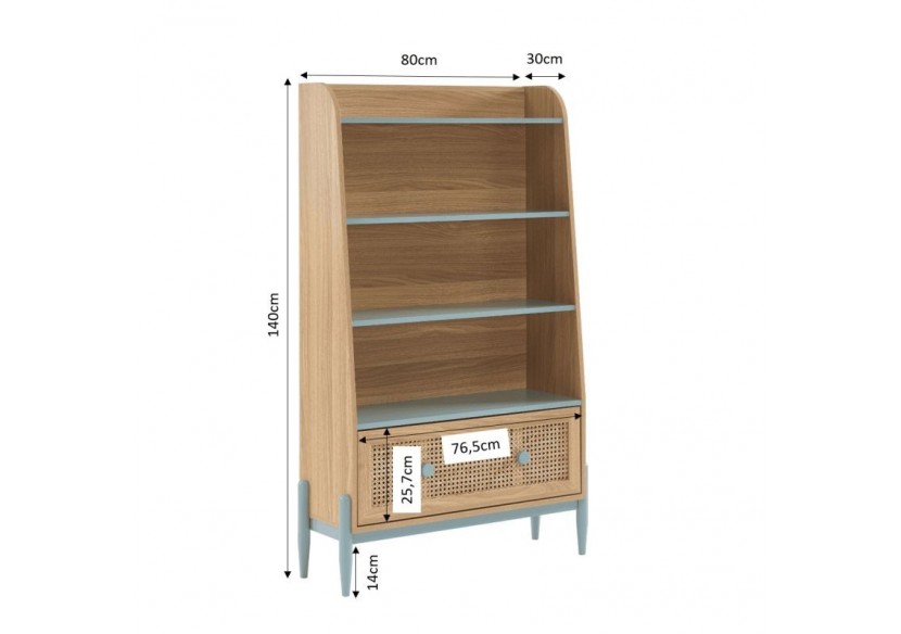 Bibliothèque PABLO bleu et cannage rotin 3 étagères