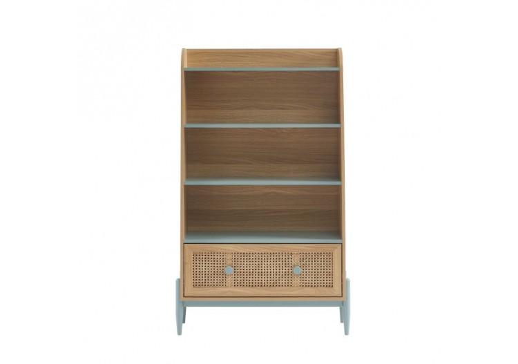 Bibliothèque PABLO bleu et cannage rotin 3 étagères