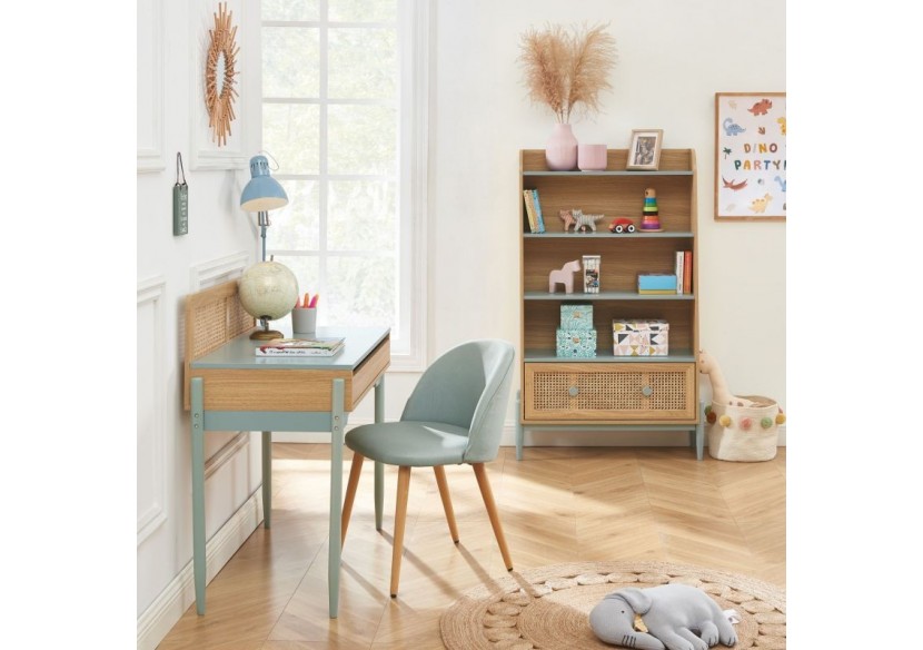 Bibliothèque PABLO bleu et cannage rotin 3 étagères