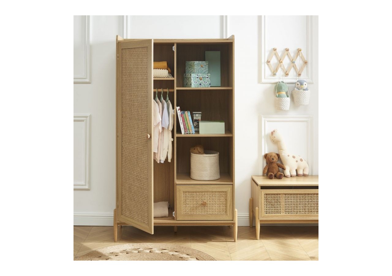 Armoire PABLO effet bois et cannage rotin 1 porte et 1 tiroir