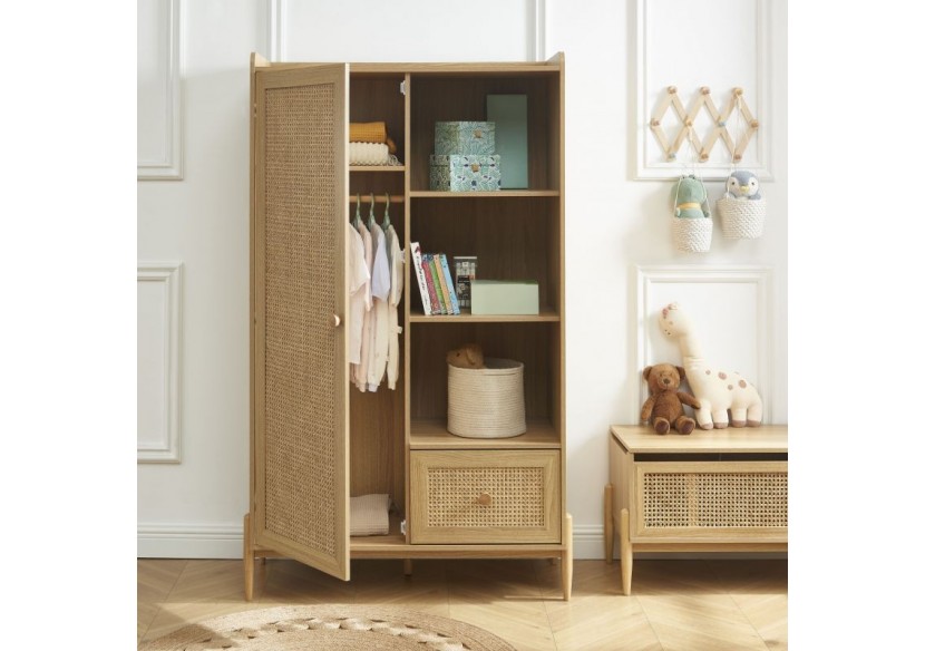 Armoire PABLO effet bois et cannage rotin 1 porte et 1 tiroir