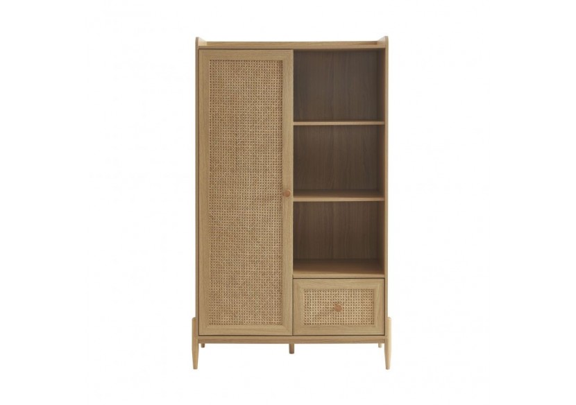 Armoire PABLO effet bois et cannage rotin 1 porte et 1 tiroir