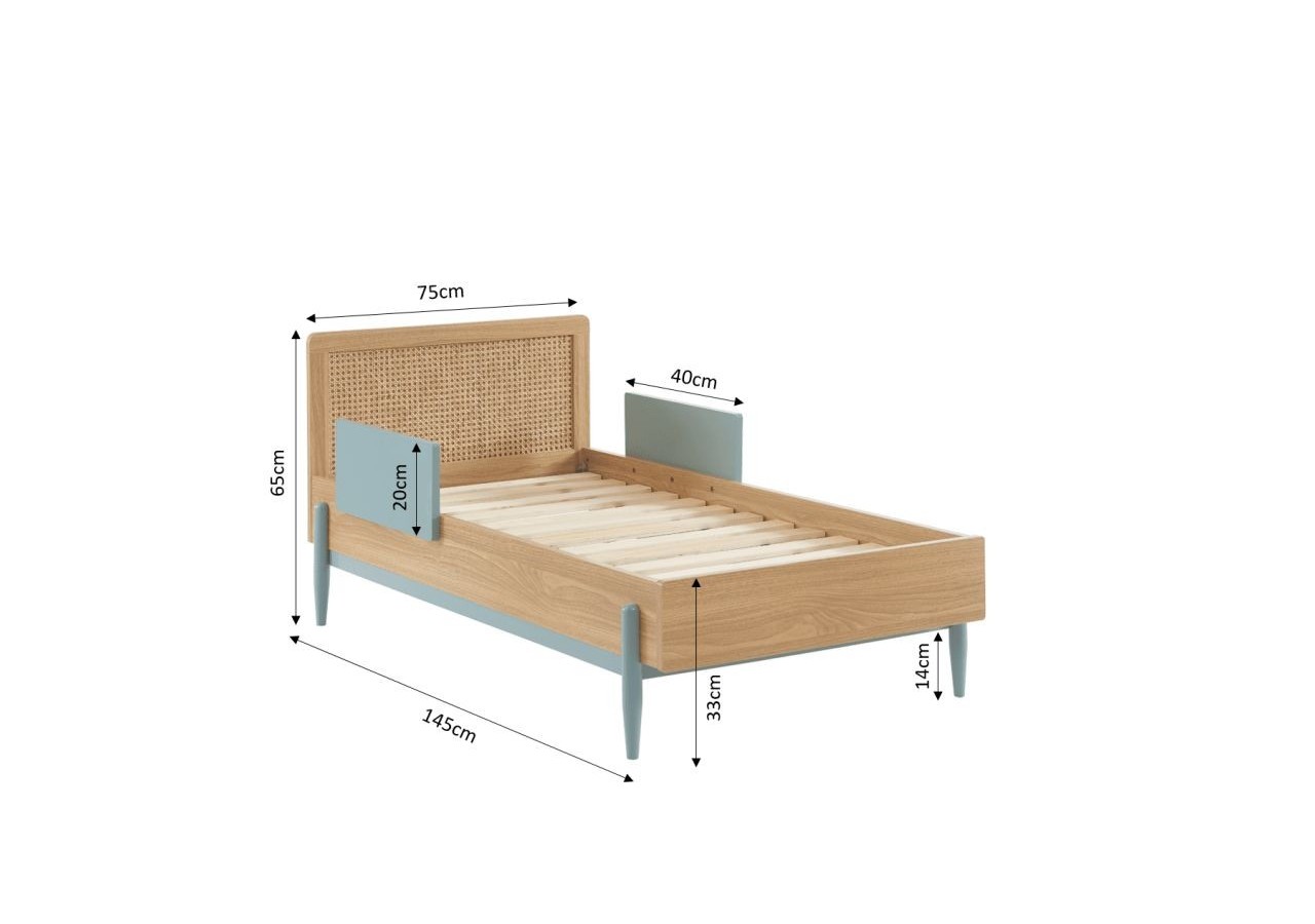 Lit enfant PABLO bleu et cannage rotin 70x140 sommier inclus