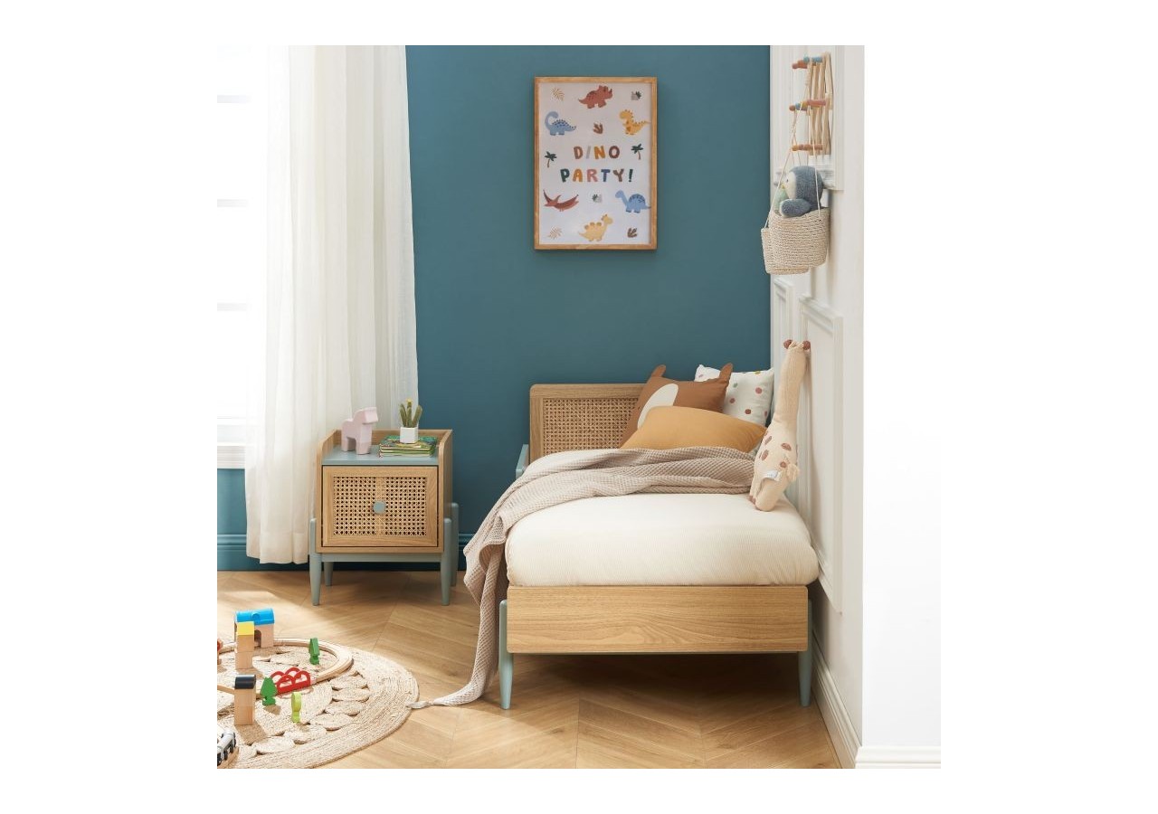 Lit enfant PABLO bleu et cannage rotin 70x140 sommier inclus