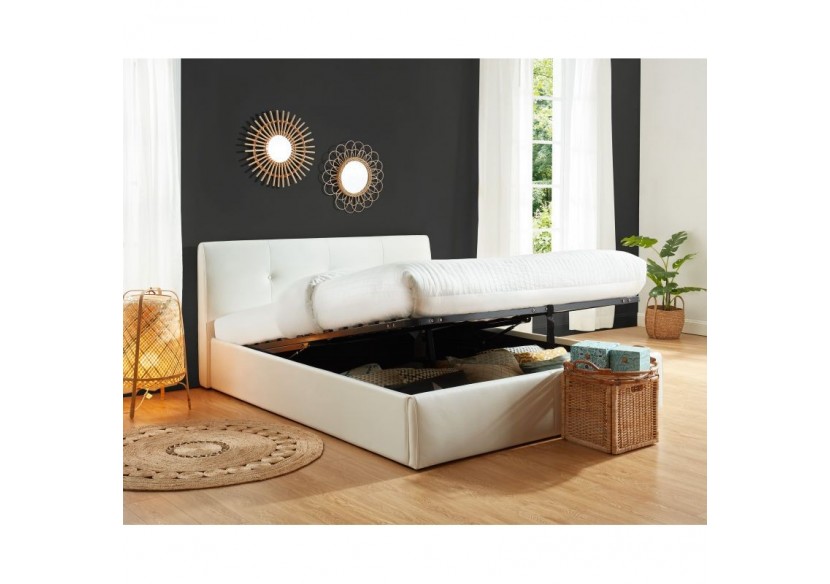 Lit coffre SEGURO simili blanc coffre 160x200 sommier inclus