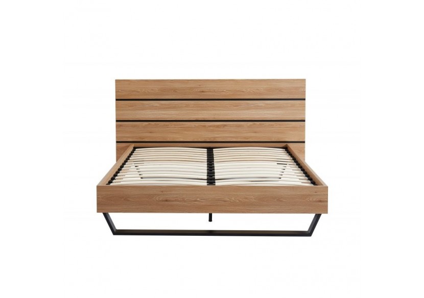 Lit FELIX effet chêne et métal noir 160x200 sommier inclus