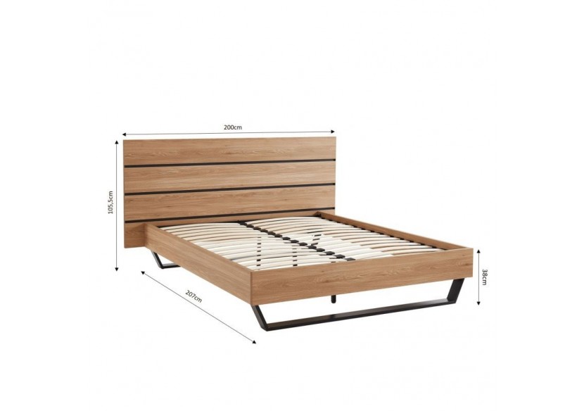 Lit FELIX effet chêne et métal noir 160x200 sommier inclus